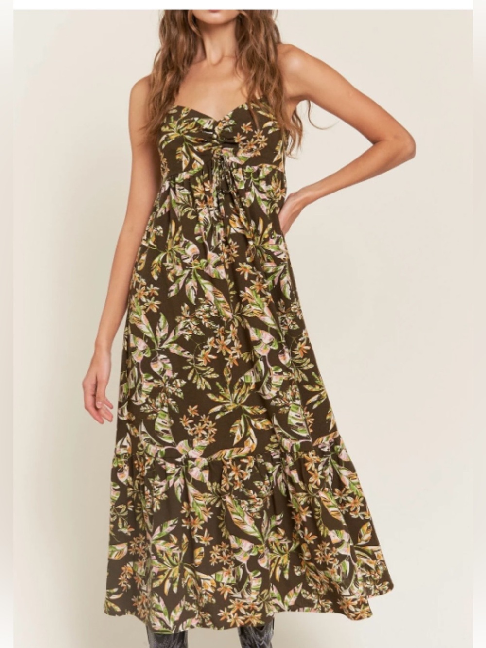 Pinkblush Brown Floral Sleeveless Front Cinched Midi Dress